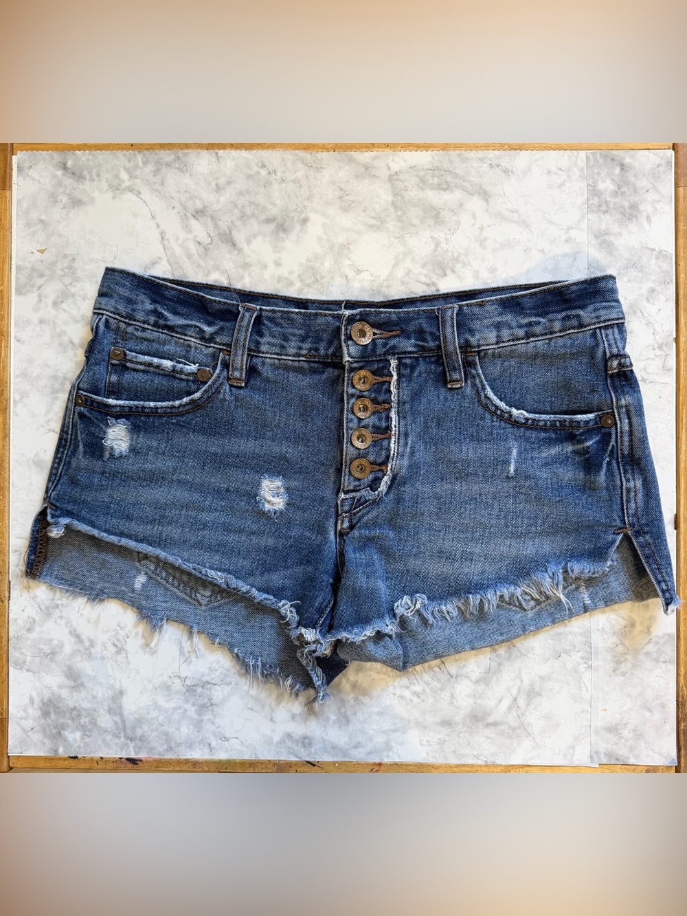 Free People Button-Fly cut Distressed Denim Shorts - Blue